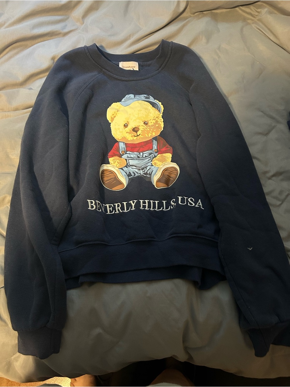 Since Forever Navy Sweatshirt with Light Blue and Yellow Bear Graphic